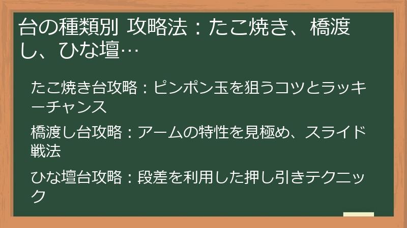 台の種類別 攻略法：たこ焼き、橋渡し、ひな壇…