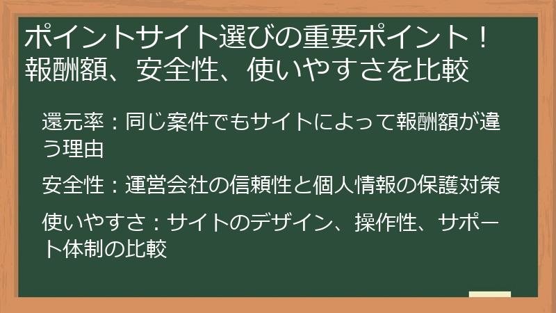 ポイントサイト選びの重要ポイント！報酬額、安全性、使いやすさを比較