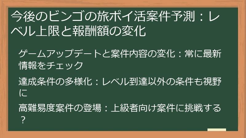 今後のビンゴの旅ポイ活案件予測：レベル上限と報酬額の変化