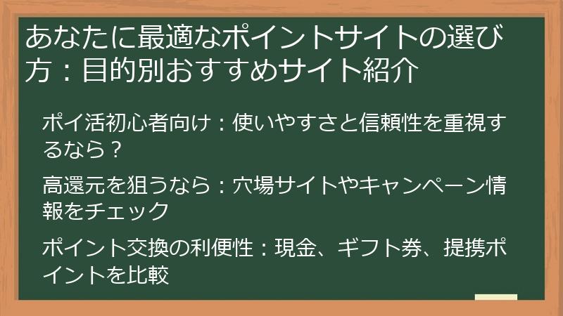 あなたに最適なポイントサイトの選び方：目的別おすすめサイト紹介