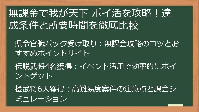 無課金で我が天下 ポイ活を攻略！達成条件と所要時間を徹底比較