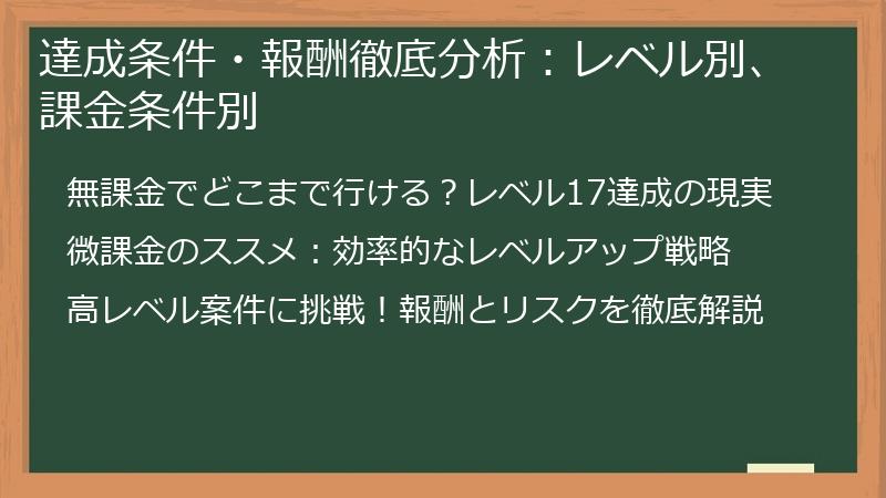 達成条件・報酬徹底分析：レベル別、課金条件別