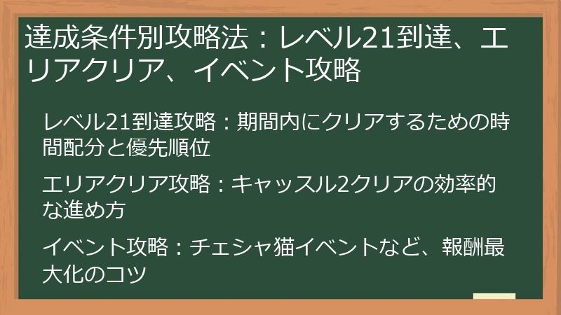 達成条件別攻略法：レベル21到達、エリアクリア、イベント攻略