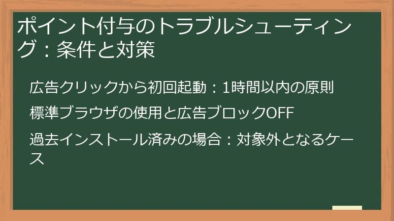 ポイント付与のトラブルシューティング：条件と対策
