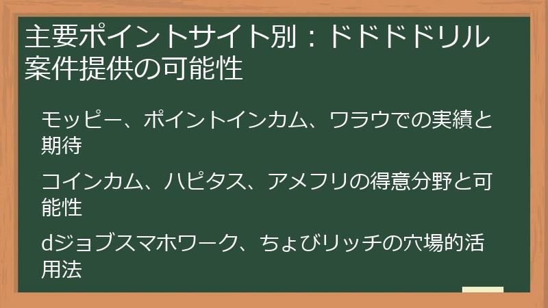 主要ポイントサイト別：ドドドドリル案件提供の可能性