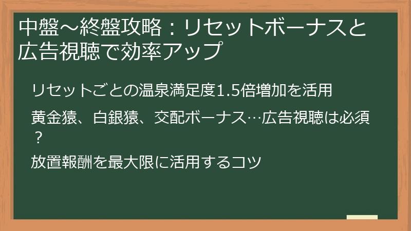 中盤～終盤攻略：リセットボーナスと広告視聴で効率アップ