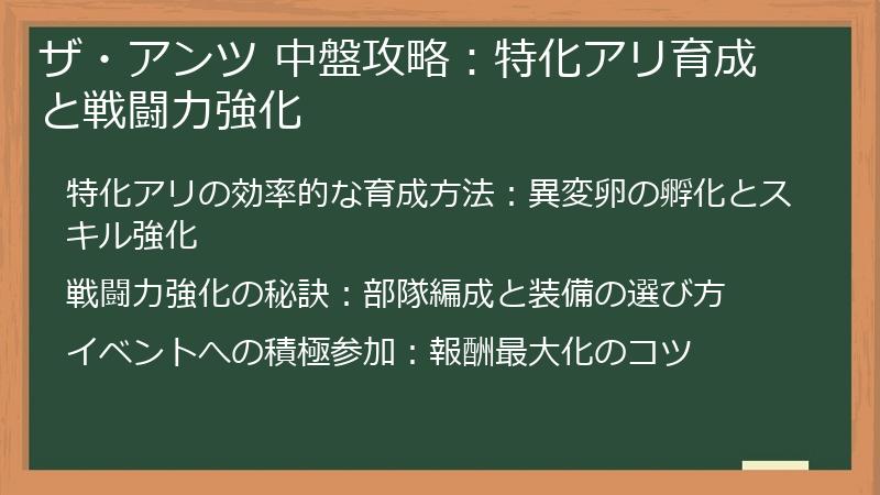 ザ・アンツ 中盤攻略：特化アリ育成と戦闘力強化