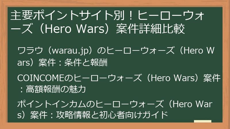 主要ポイントサイト別！ヒーローウォーズ（Hero Wars）案件詳細比較