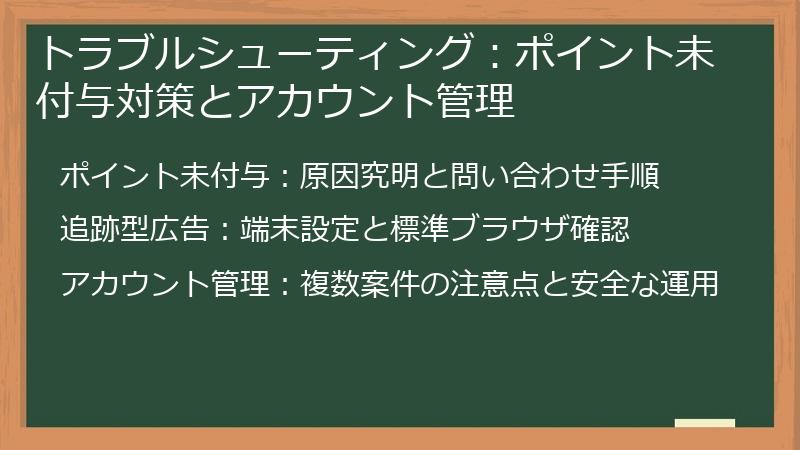 トラブルシューティング：ポイント未付与対策とアカウント管理