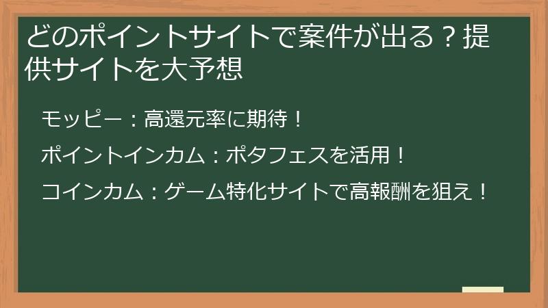 どのポイントサイトで案件が出る？提供サイトを大予想