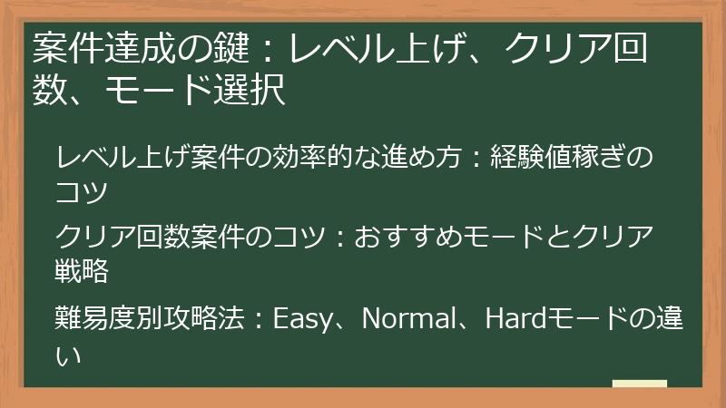 案件達成の鍵：レベル上げ、クリア回数、モード選択
