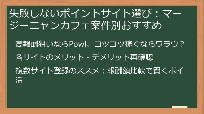 失敗しないポイントサイト選び:マージーニャンカフェ案件別おすすめ