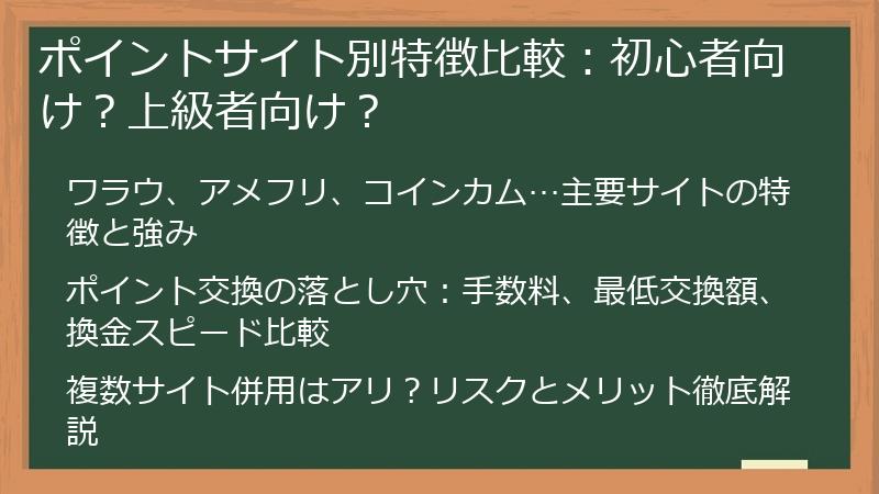 ポイントサイト別特徴比較：初心者向け？上級者向け？