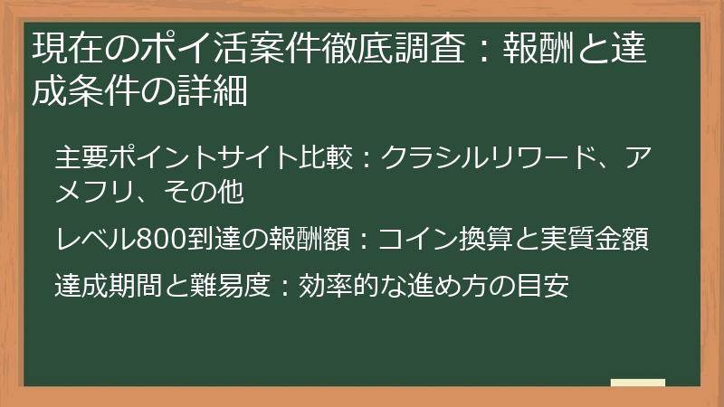 現在のポイ活案件徹底調査：報酬と達成条件の詳細