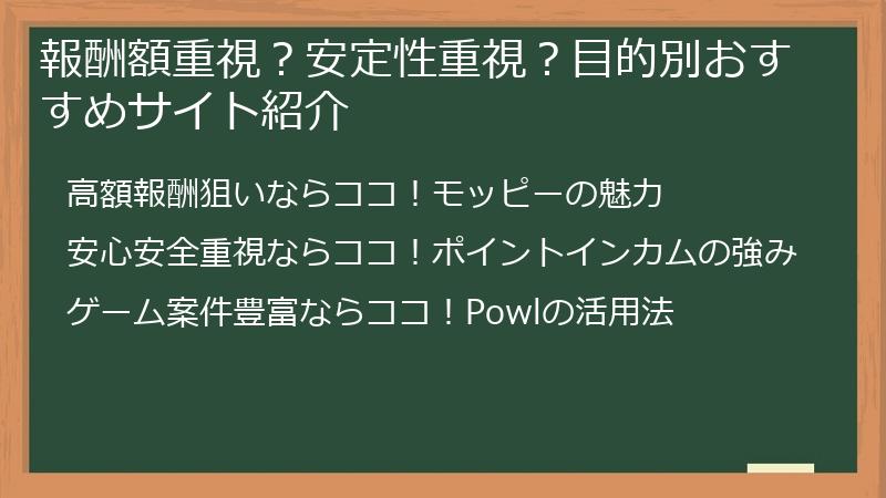 報酬額重視？安定性重視？目的別おすすめサイト紹介