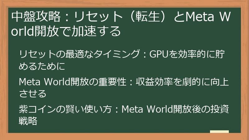 中盤攻略：リセット（転生）とMeta World開放で加速する