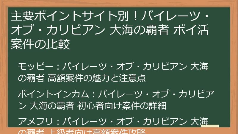 主要ポイントサイト別！パイレーツ・オブ・カリビアン 大海の覇者 ポイ活案件の比較