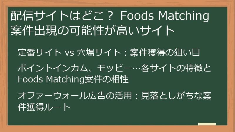配信サイトはどこ？ Foods Matching案件出現の可能性が高いサイト