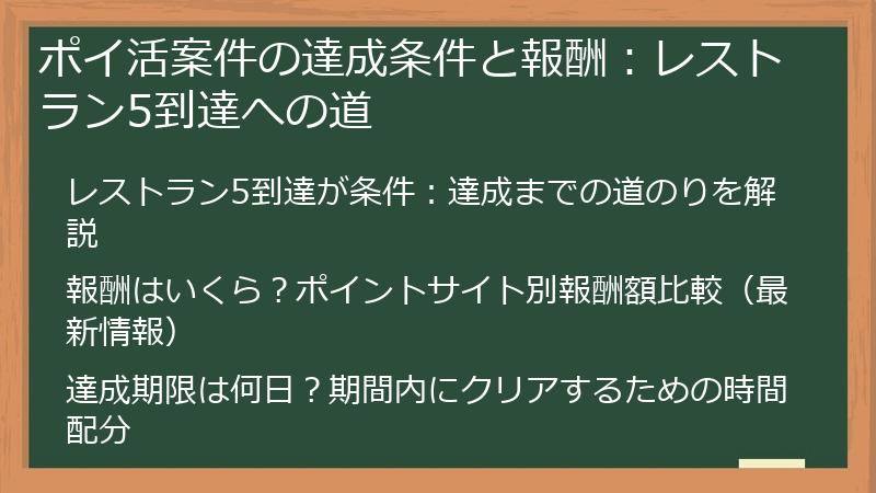 ポイ活案件の達成条件と報酬：レストラン5到達への道