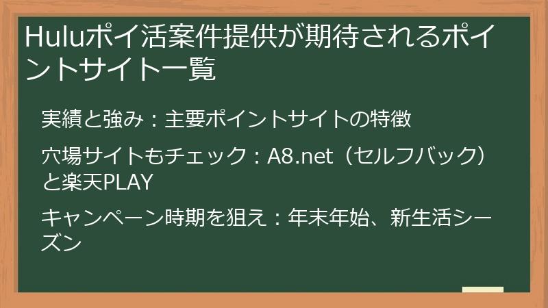Huluポイ活案件提供が期待されるポイントサイト一覧