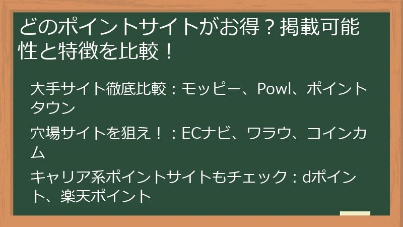 どのポイントサイトがお得？掲載可能性と特徴を比較！