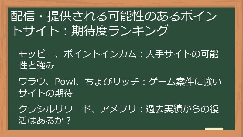 配信・提供される可能性のあるポイントサイト：期待度ランキング