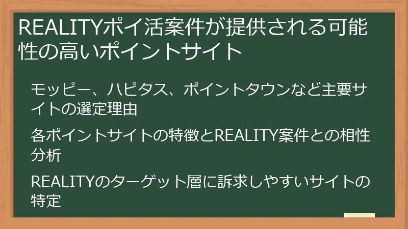 REALITYポイ活案件が提供される可能性の高いポイントサイト