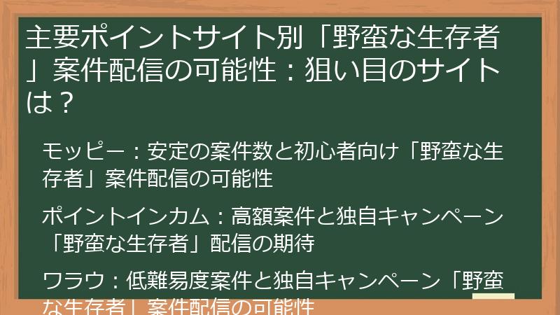 主要ポイントサイト別「野蛮な生存者」案件配信の可能性：狙い目のサイトは？