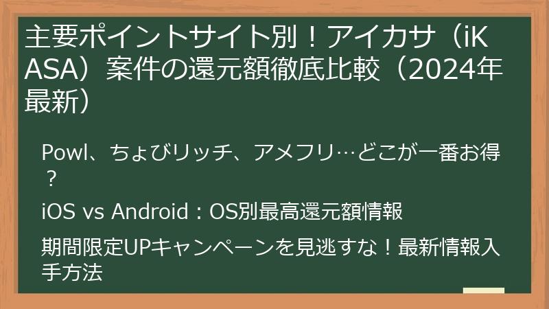 主要ポイントサイト別！アイカサ（iKASA）案件の還元額徹底比較（2024年最新）
