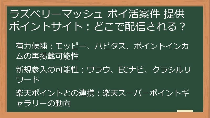 ラズベリーマッシュ ポイ活案件 提供ポイントサイト：どこで配信される？