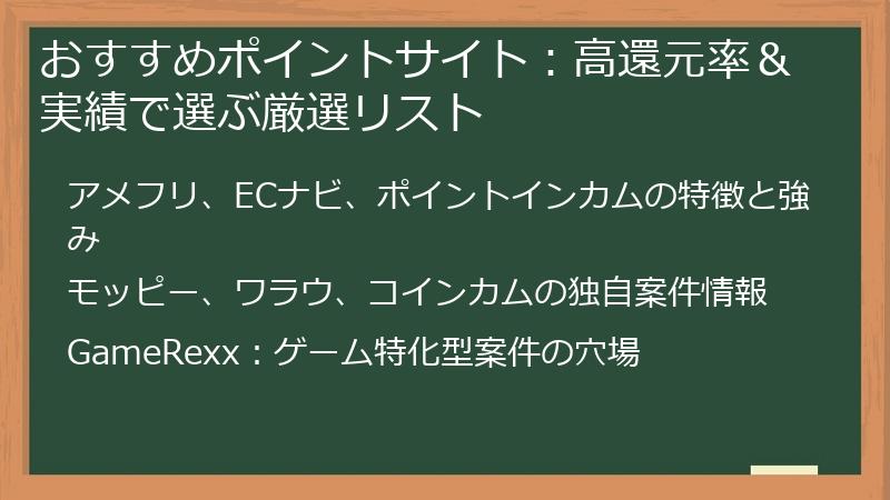 おすすめポイントサイト：高還元率＆実績で選ぶ厳選リスト