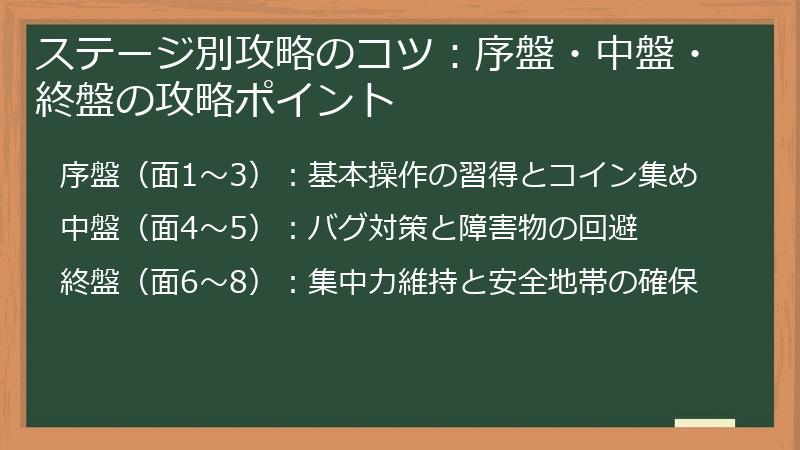 ステージ別攻略のコツ：序盤・中盤・終盤の攻略ポイント