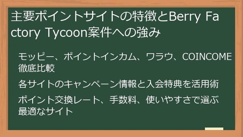 主要ポイントサイトの特徴とBerry Factory Tycoon案件への強み