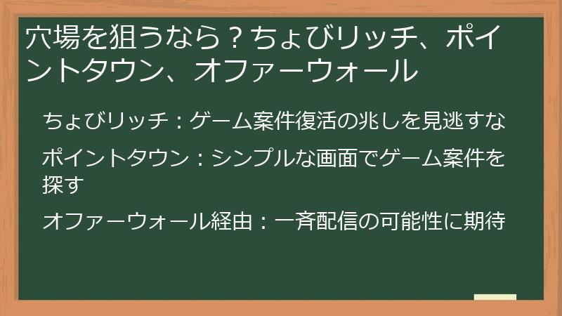 穴場を狙うなら？ちょびリッチ、ポイントタウン、オファーウォール