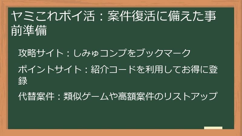 ヤミこれポイ活：案件復活に備えた事前準備