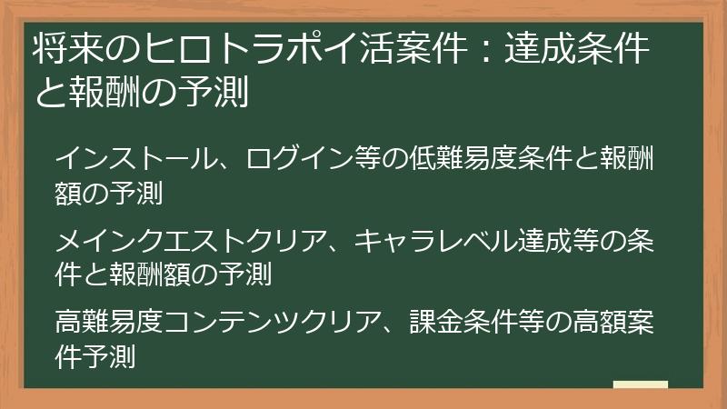 将来のヒロトラポイ活案件：達成条件と報酬の予測