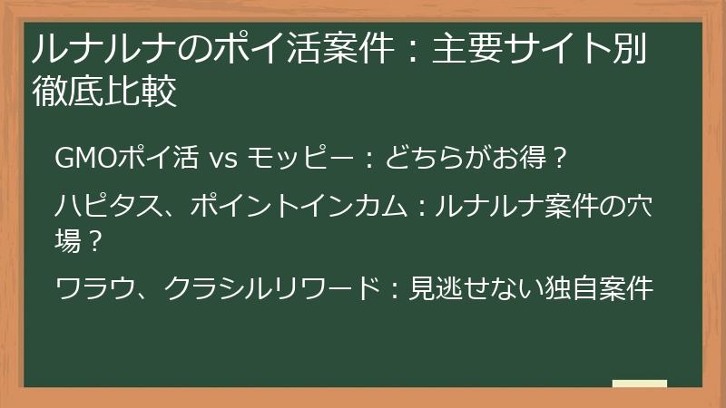 ルナルナのポイ活案件：主要サイト別徹底比較