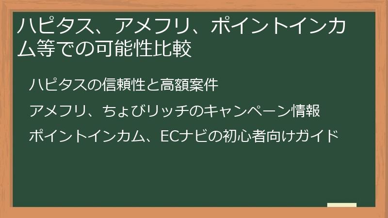 ハピタス、アメフリ、ポイントインカム等での可能性比較