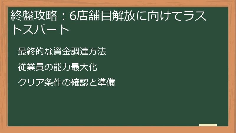 終盤攻略：6店舗目解放に向けてラストスパート