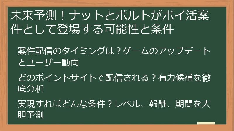 未来予測！ナットとボルトがポイ活案件として登場する可能性と条件