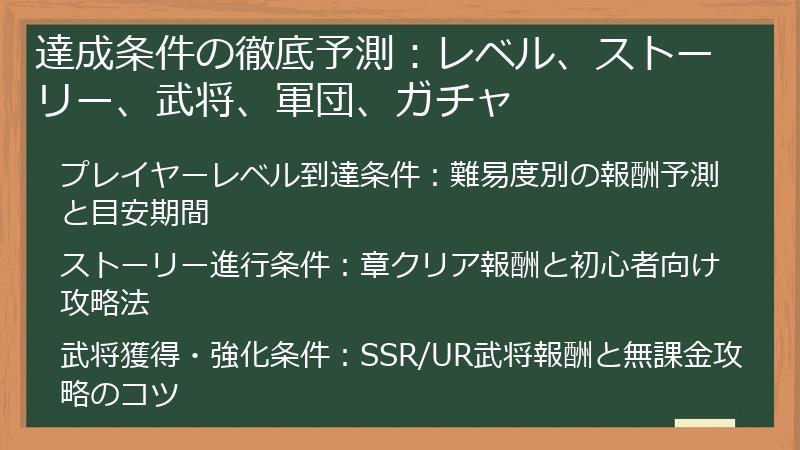 達成条件の徹底予測：レベル、ストーリー、武将、軍団、ガチャ