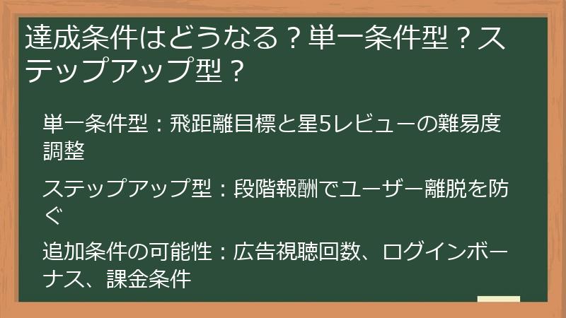 達成条件はどうなる？単一条件型？ステップアップ型？