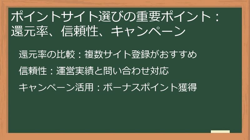 ポイントサイト選びの重要ポイント：還元率、信頼性、キャンペーン