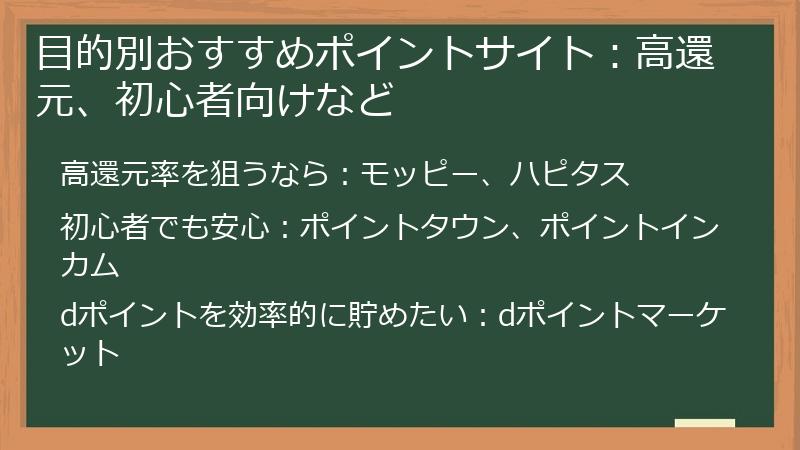 目的別おすすめポイントサイト：高還元、初心者向けなど