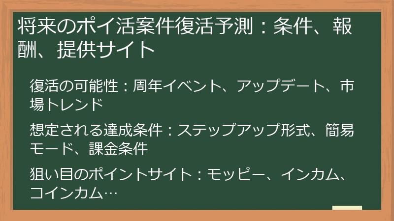 将来のポイ活案件復活予測：条件、報酬、提供サイト