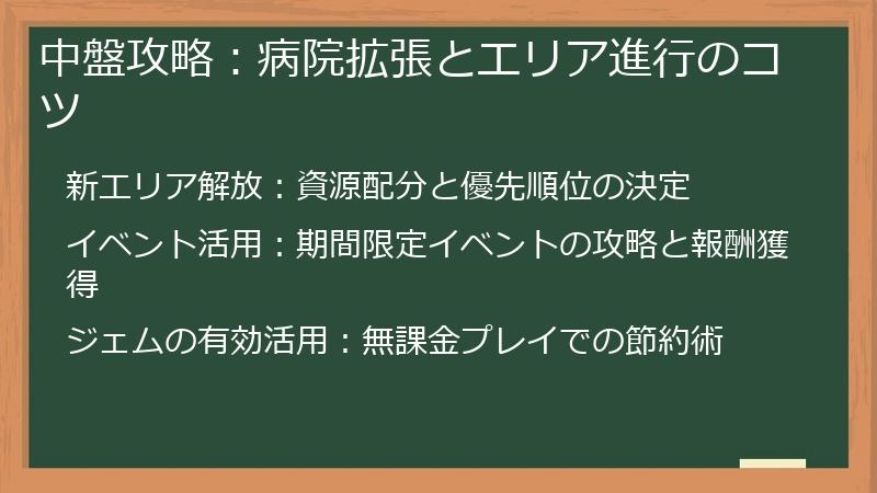 中盤攻略：病院拡張とエリア進行のコツ