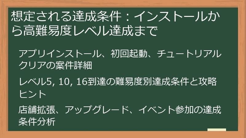 想定される達成条件：インストールから高難易度レベル達成まで