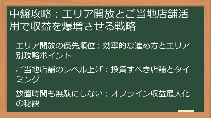 中盤攻略：エリア開放とご当地店舗活用で収益を爆増させる戦略
