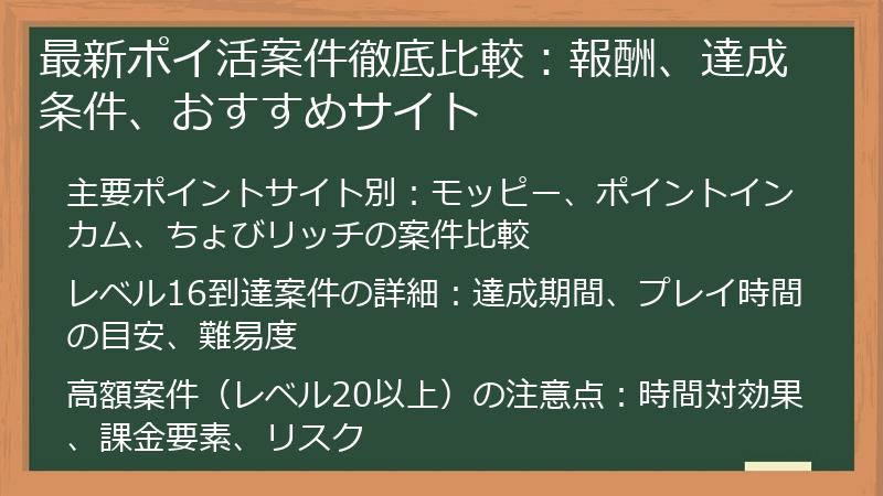 最新ポイ活案件徹底比較：報酬、達成条件、おすすめサイト