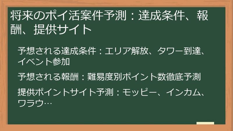 将来のポイ活案件予測：達成条件、報酬、提供サイト